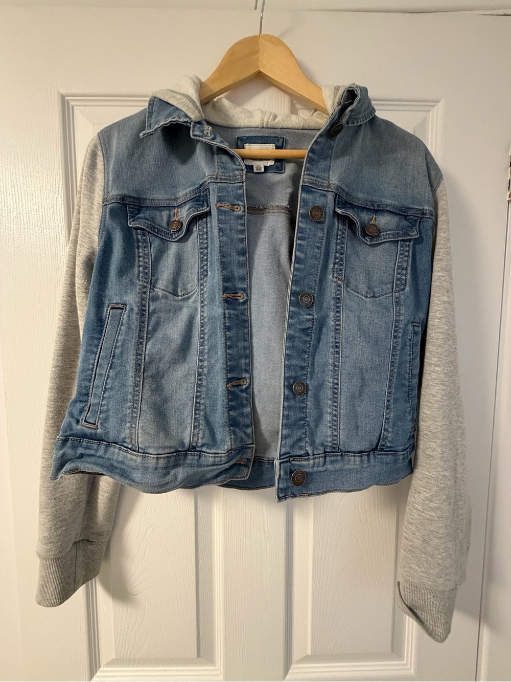 Wax Jean Light Blue Denim Jacket with Gray Hoodie Sleeves - Teen L